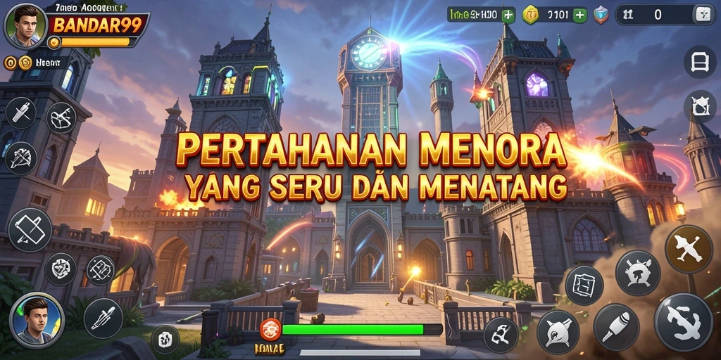 Screenshot dari gameplay BANDAR99 menunjukkan aksi pertahanan menara yang intens.