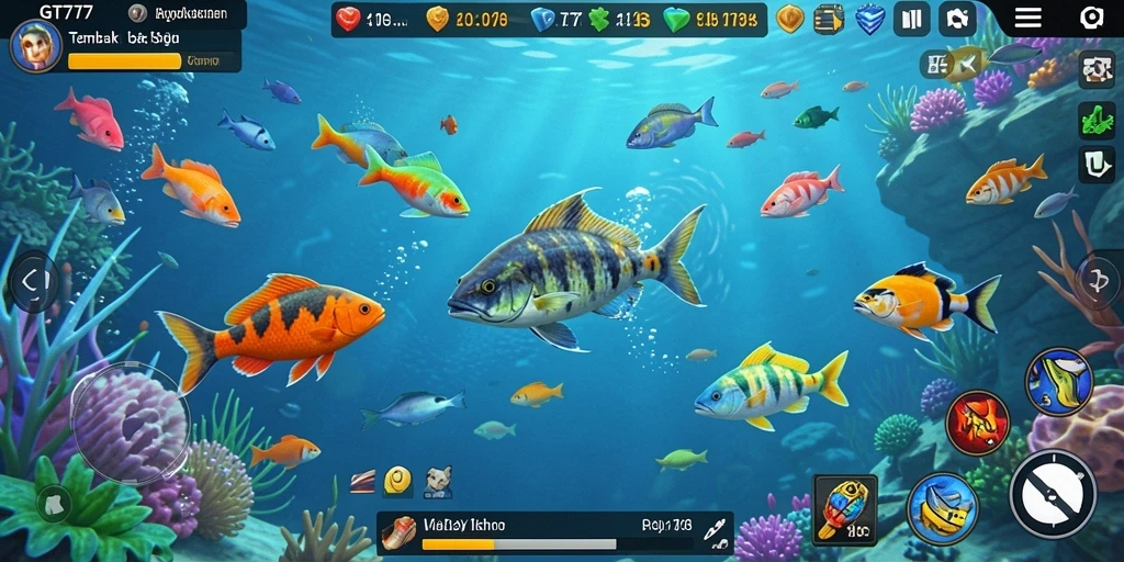 Gameplay seru GT777 menembak ikan yang berwarna-warni.
