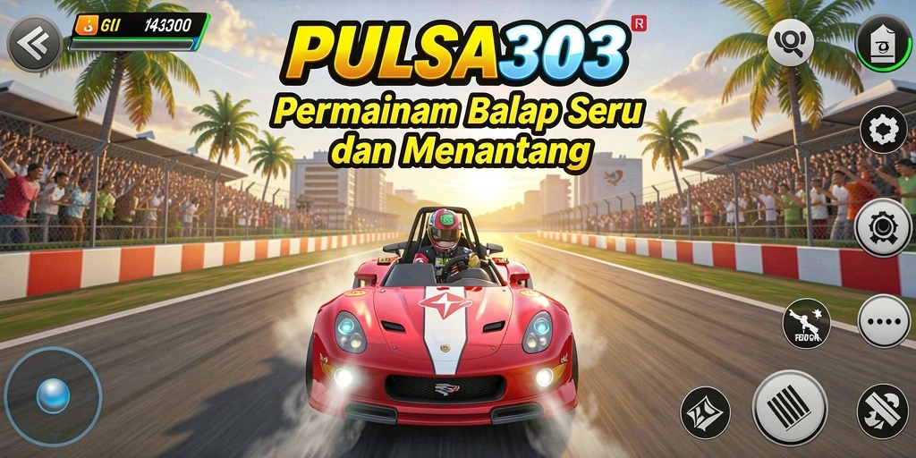 Tampilan gameplay seru di trek balap PULSA303 dengan mobil yang cepat.