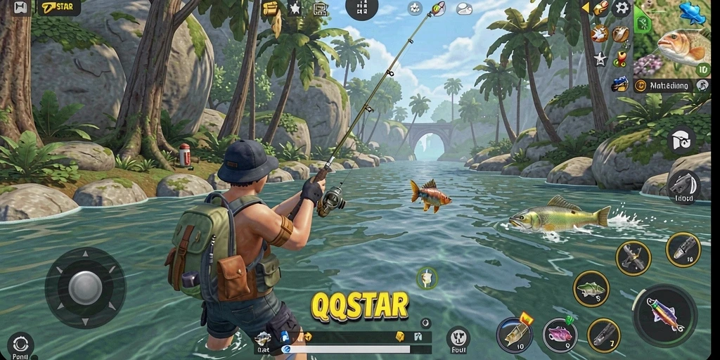 Screenshot gameplay QQSTAR dengan aksi memancing yang mendebarkan.
