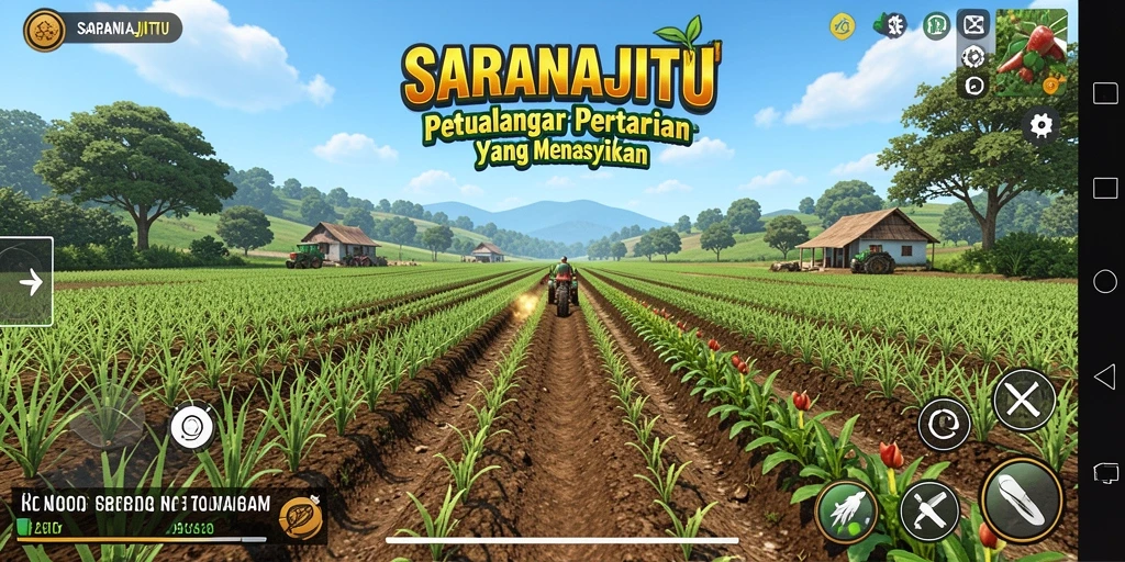 Tampilan gameplay SARANAJITU dengan suasana pertanian yang ceria.