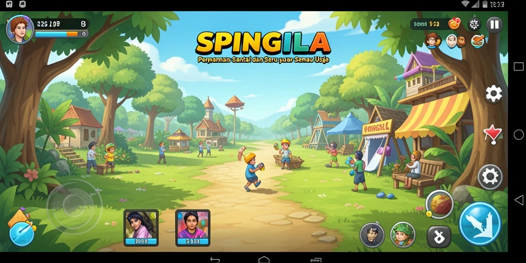 Tangkapan layar menunjukkan gameplay seru SPINGILA dengan warna-warna cerah.
