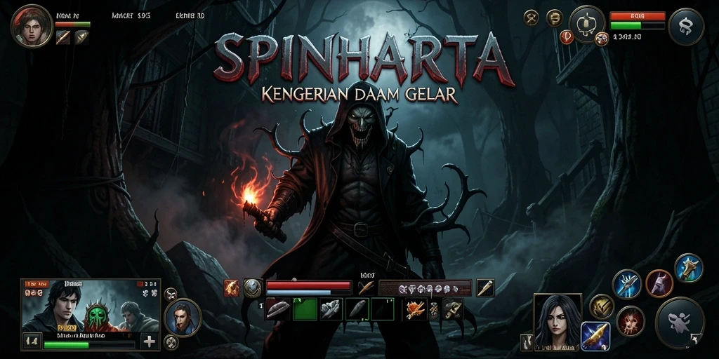 Tangkapan layar SPINHARTA menampilkan suasana gelap dan menakutkan dari gameplay.