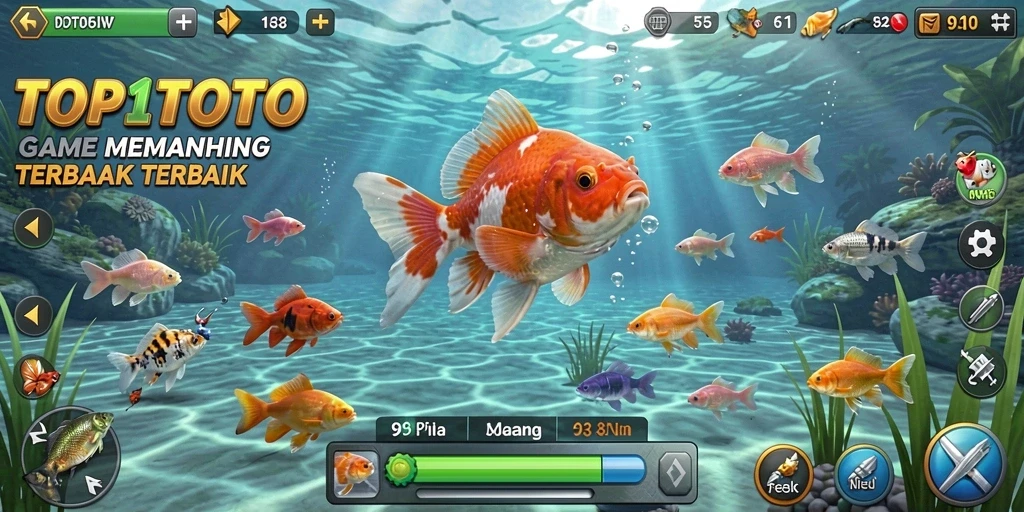 Gameplay memancing seru di TOP1TOTO dengan berbagai ikan dan lokasi.